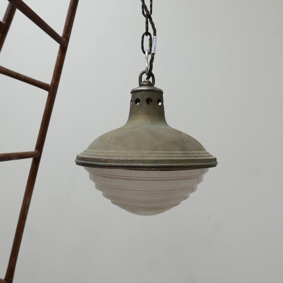 Image 1 of Vintage pendant lamp in patinated metal and holophane glass, France 1950