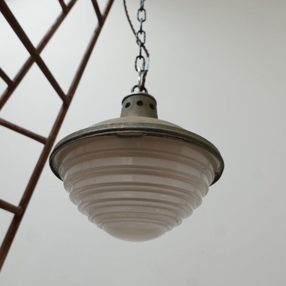 Image 1 of Vintage pendant lamp in patinated metal and holophane glass, France 1950