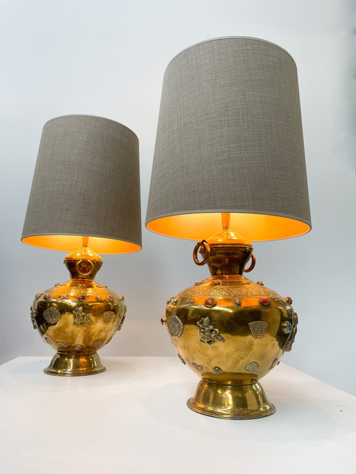 Pair of large brass oriental table lamps with stones