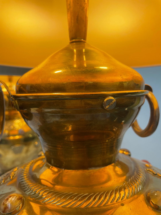 Image 1 of Pair of large brass oriental table lamps with stones