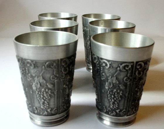 Image 1 of 6 Tall Heavy Pewter Mugs With Engraving - High Quality Drinking Mugs - Wine Mugs - Vintage