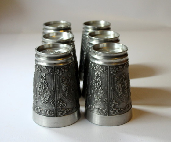 Image 1 of 6 Tall Heavy Pewter Mugs With Engraving - High Quality Drinking Mugs - Wine Mugs - Vintage