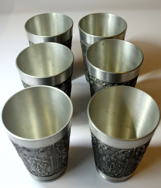 Image 1 of 6 Tall Heavy Pewter Mugs With Engraving - High Quality Drinking Mugs - Wine Mugs - Vintage