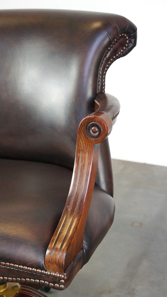 Image 1 of Dark brown English cowhide leather chesterfield office chair