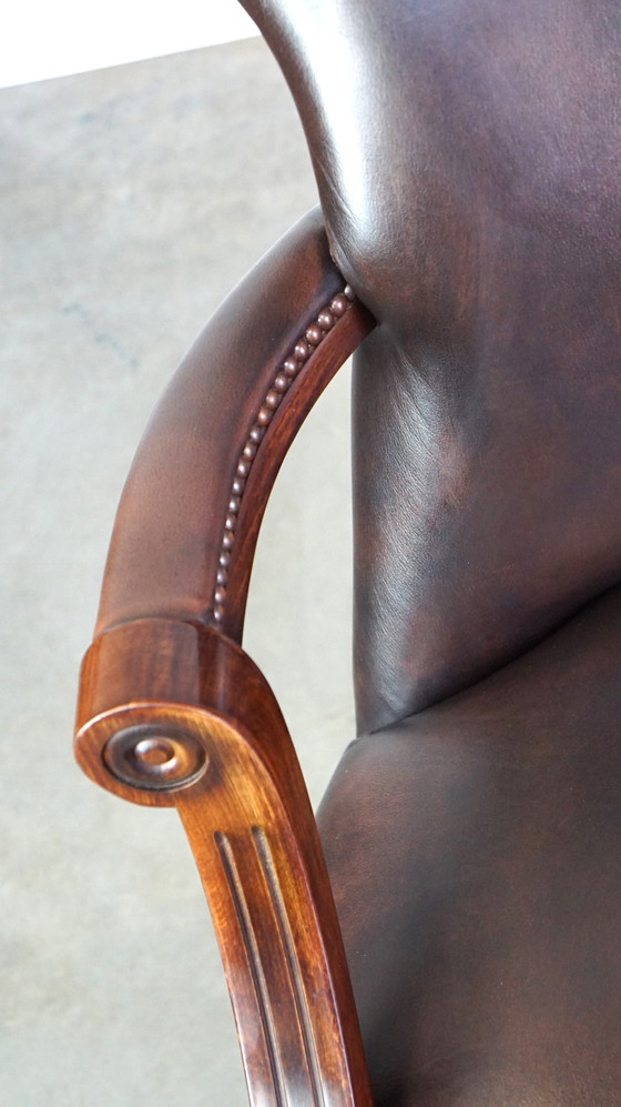 Image 1 of Dark brown English cowhide leather chesterfield office chair