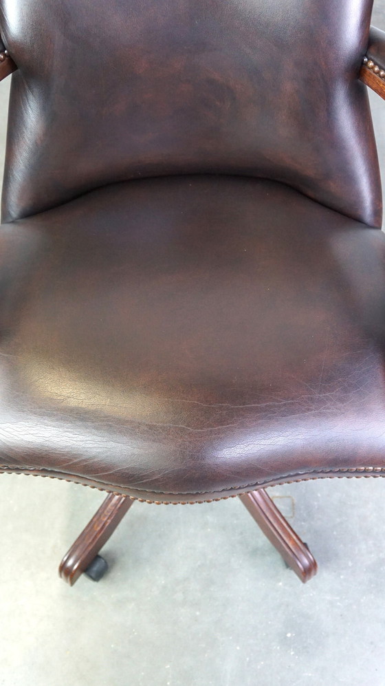 Image 1 of Dark brown English cowhide leather chesterfield office chair