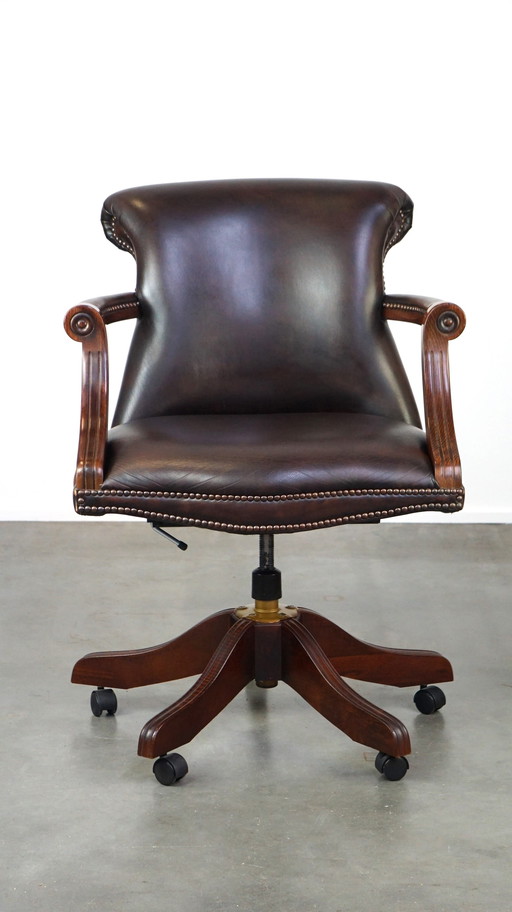 Dark brown English cowhide leather chesterfield office chair