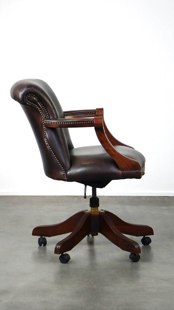 Image 1 of Dark brown English cowhide leather chesterfield office chair