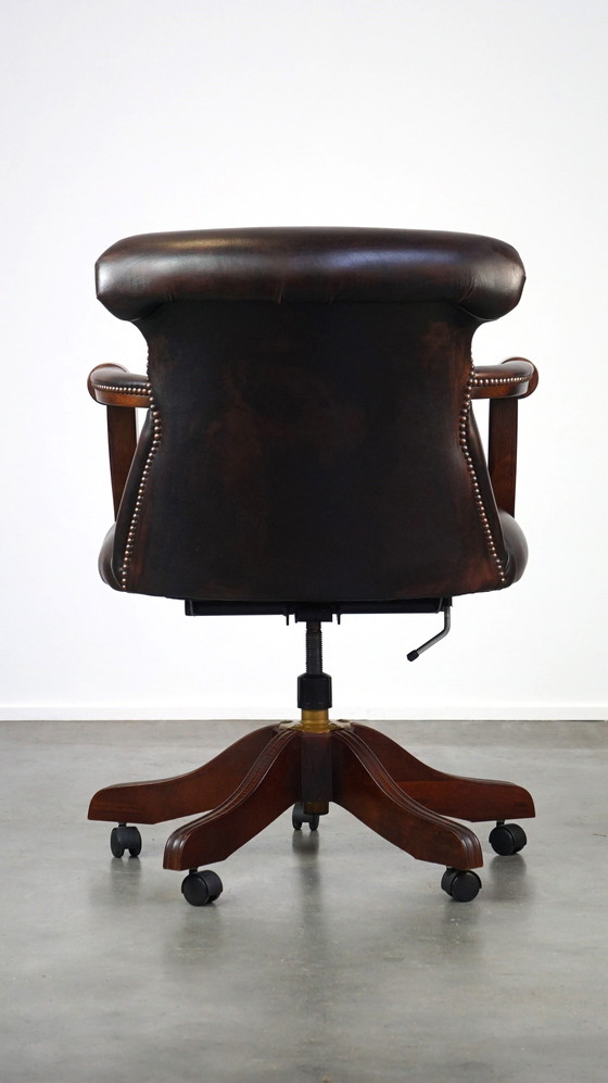 Image 1 of Dark brown English cowhide leather chesterfield office chair