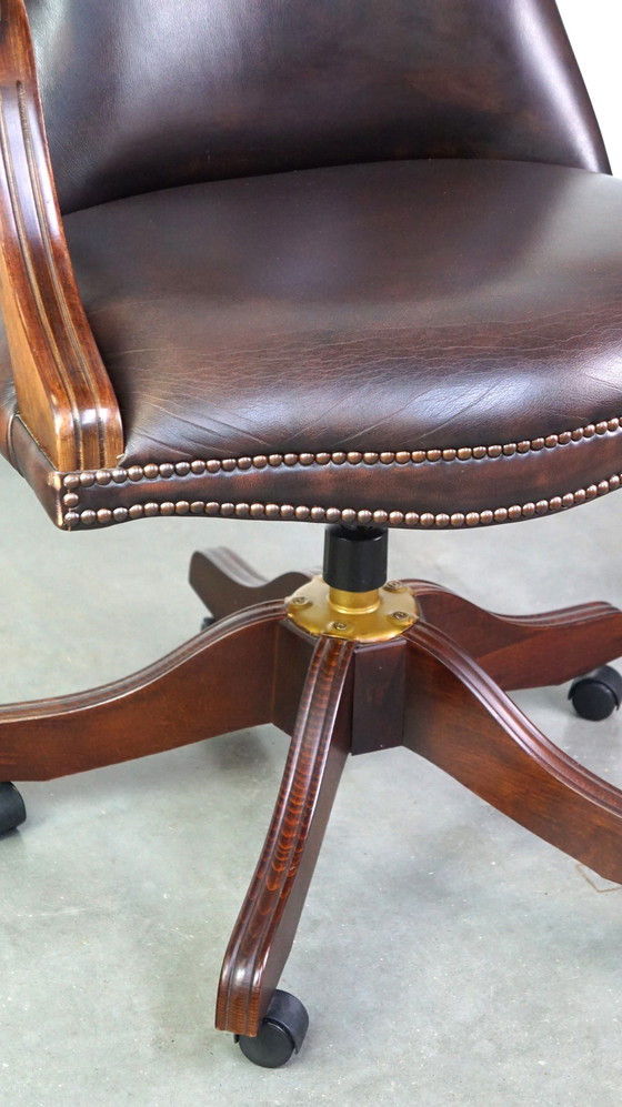 Image 1 of Dark brown English cowhide leather chesterfield office chair