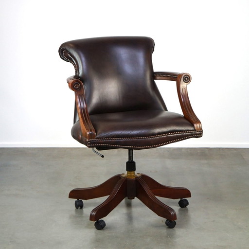 Dark brown English cowhide leather chesterfield office chair