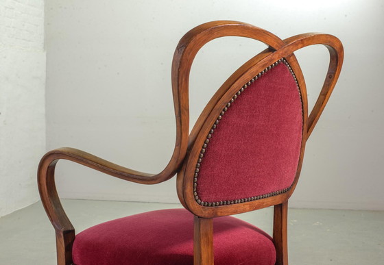 Image 1 of 2 Red Velvet Heart-shaped Wooden Side Chairs, 1950s