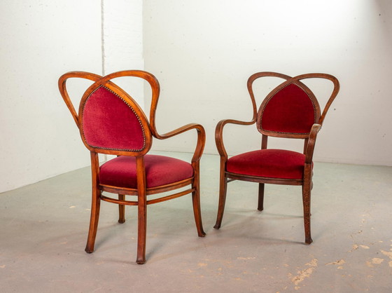 Image 1 of 2 Red Velvet Heart-shaped Wooden Side Chairs, 1950s