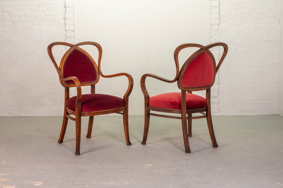 Image 1 of 2 Red Velvet Heart-shaped Wooden Side Chairs, 1950s