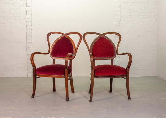 Image 1 of 2 Red Velvet Heart-shaped Wooden Side Chairs, 1950s