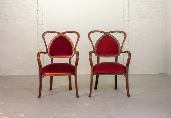 Image 1 of 2 Red Velvet Heart-shaped Wooden Side Chairs, 1950s