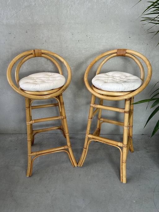 2X Vintage Tiki Bar Stools - Bamboo