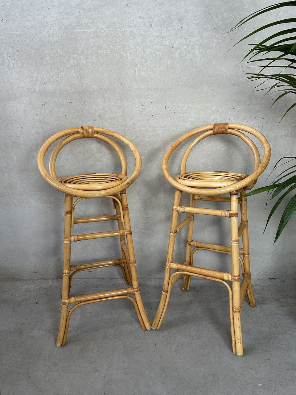 2X Vintage Tiki Bar Stools Bamboo