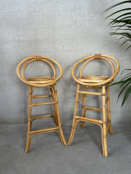 2X Vintage Tiki Bar Stools - Bamboo