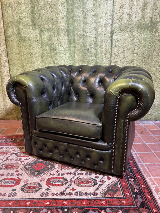 Chesterfield green leather tub chair English 