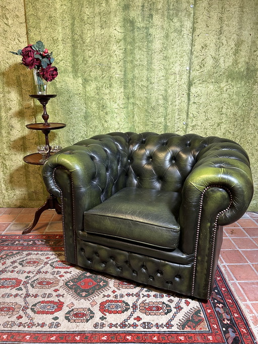 Chesterfield green leather tub chair English 