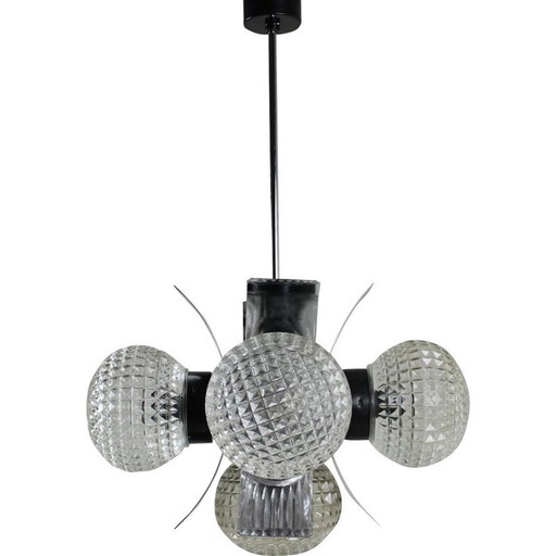 Vintage metal and milk glass chandelier, Czechoslovakia 1965