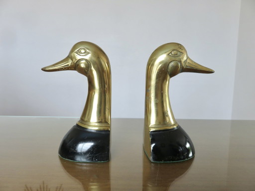 Pair De Serre Livres En Laiton Doré Et Laiton Laqué Noir "Canard" 1970