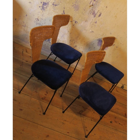 Image 1 of Set of 4 vintage chairs in black metal rattan and blue velvet, Italy 1950