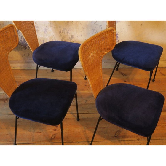 Image 1 of Set of 4 vintage chairs in black metal rattan and blue velvet, Italy 1950
