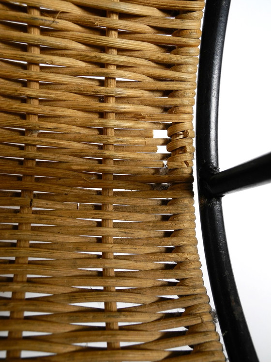 Image 1 of Mid Century Modern wicker newspaper and magazine rack with metal frame