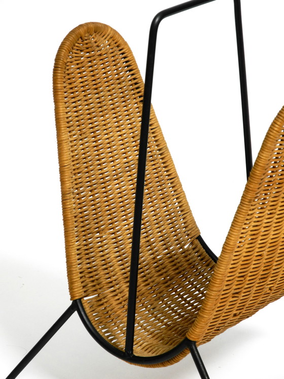 Image 1 of Mid Century Modern wicker newspaper and magazine rack with metal frame