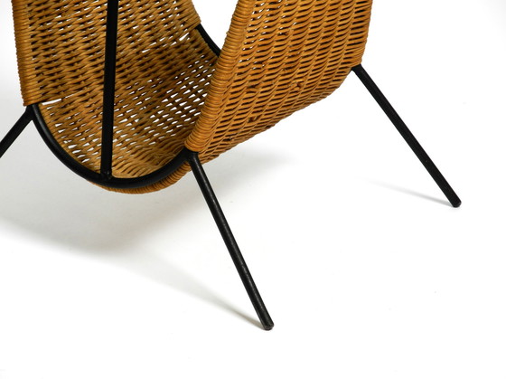 Image 1 of Mid Century Modern wicker newspaper and magazine rack with metal frame