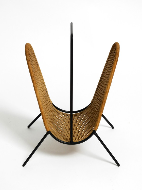 Image 1 of Mid Century Modern wicker newspaper and magazine rack with metal frame