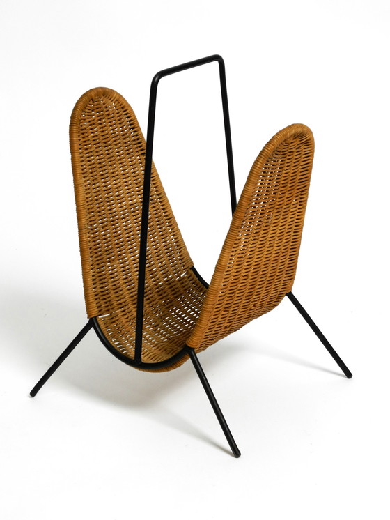 Image 1 of Mid Century Modern wicker newspaper and magazine rack with metal frame