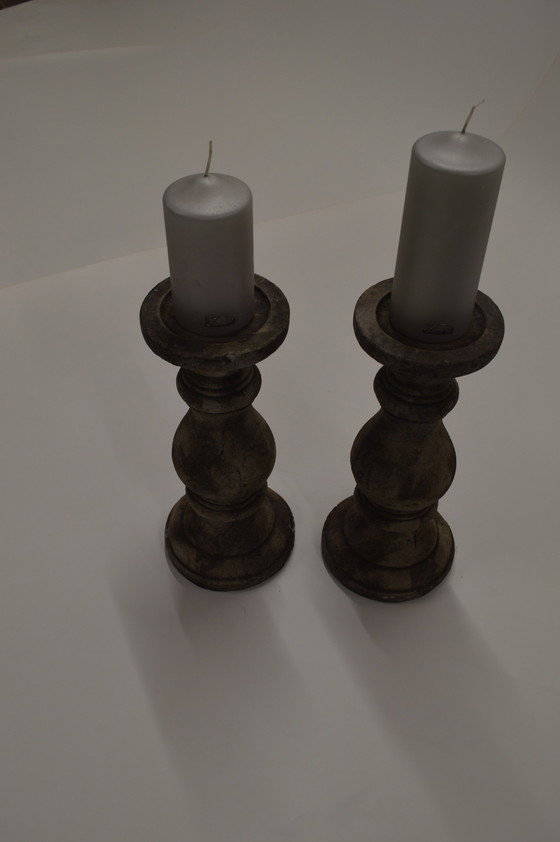 Image 1 of Stone, Cream Patine Candle Holders