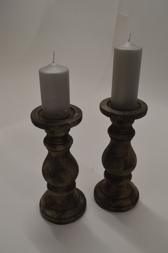 Image 1 of Stone, Cream Patine Candle Holders