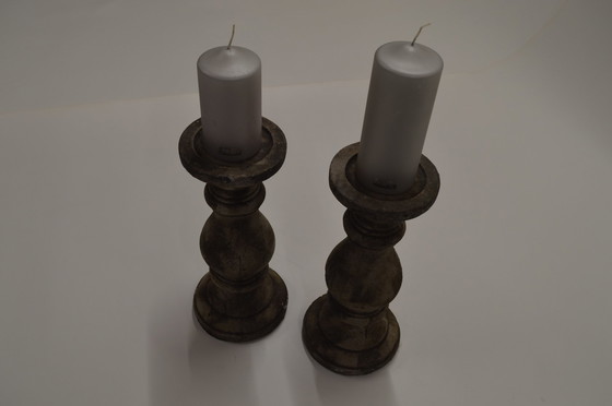 Image 1 of Stone, Cream Patine Candle Holders