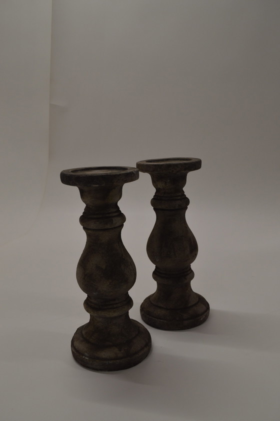 Image 1 of Stone, Cream Patine Candle Holders