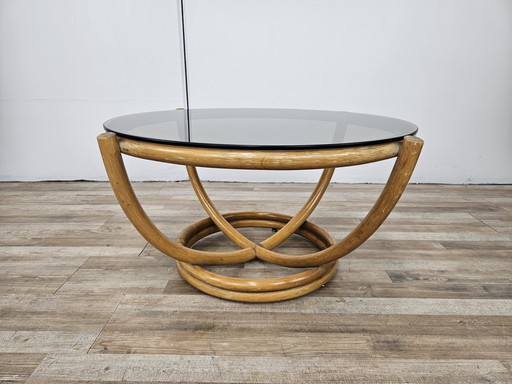 Round Coffee Table In Bamboo And Smoked Glass