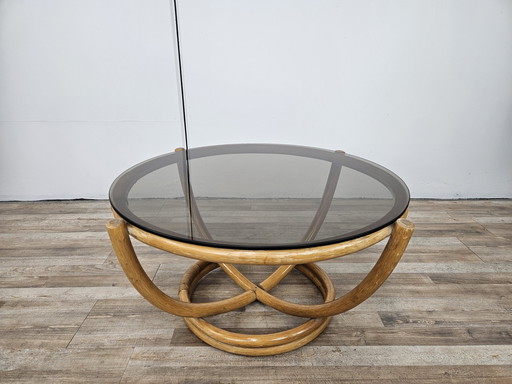 Round Coffee Table In Bamboo And Smoked Glass