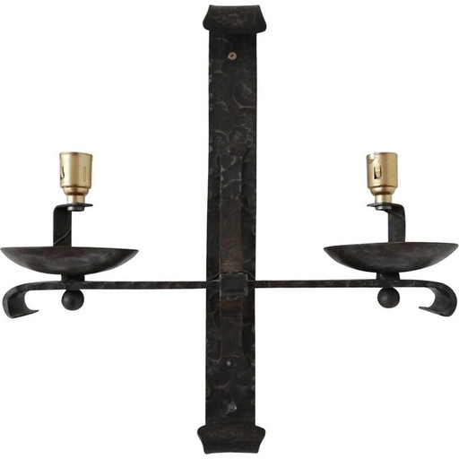 Vintage brutalist iron wall lamp with double arms, France 1970