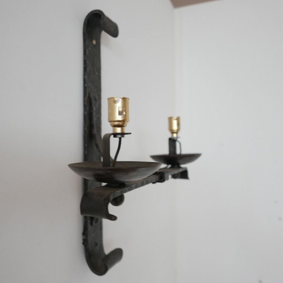 Image 1 of Vintage brutalist iron wall lamp with double arms, France 1970