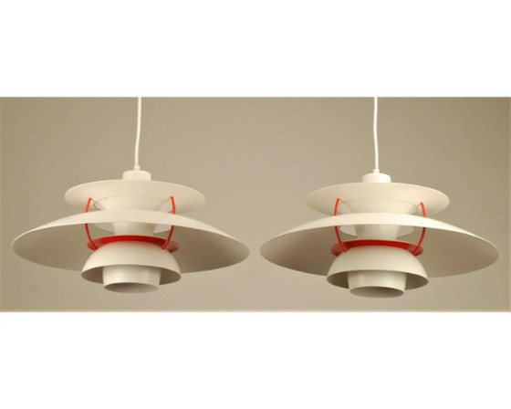 Image 1 of Set Of 2 Vintage Louis Poulsen Hanging Lamp | Off White With Orange