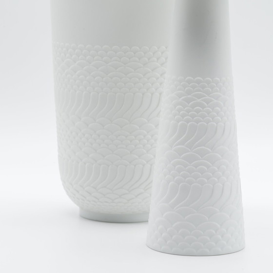 Image 1 of Rare Manfred Frey Ak Kaiser Bisque Porcelain Nature Relief Op Art Vase Duo Mcm