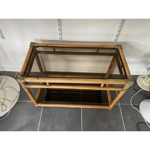 Vintage rattan and glass Tv stand, 1950s