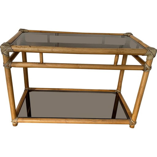 Vintage rattan and glass Tv stand, 1950s