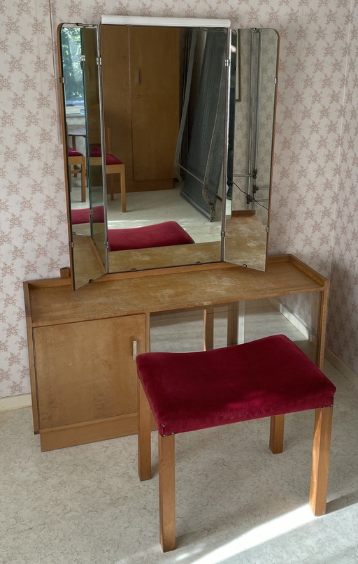 Art Deco dressing table with triptych mirror, sliding glass doors and bench