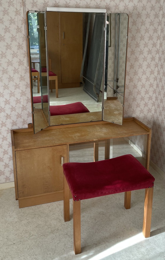 Image 1 of Art Deco dressing table with triptych mirror, sliding glass doors and bench