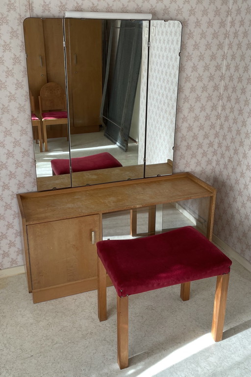 Art Deco dressing table with triptych mirror, sliding glass doors and bench