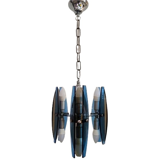 Image 1 of 1970s Gorgeous Blue and Smoked Glass Pendant Lamp by Veca. Made in Italy